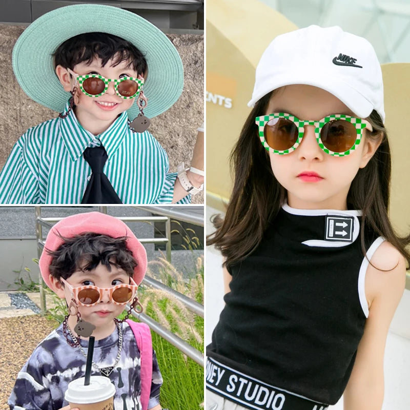 2023 New Kids Cute Checker Panel Color round UV400 Sunglasses Baby Girls Outdoor Sun Protection Sunglasses Children Sun Glasses